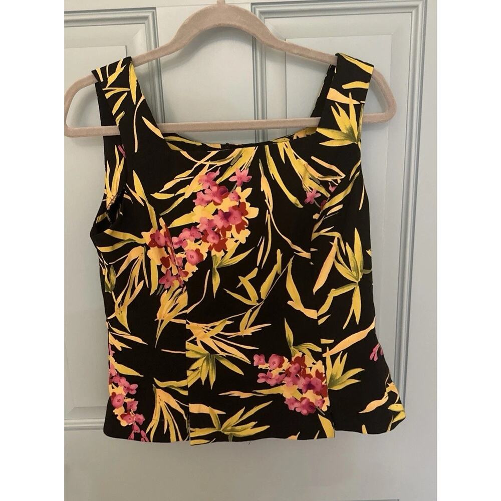 Tropical Tank Blouse Black Yellow Floral Sleeveless Square Neck Back Zipper 10
